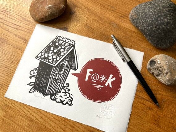 Sweary Birdbox Linocut Print: Burgundy Speech...