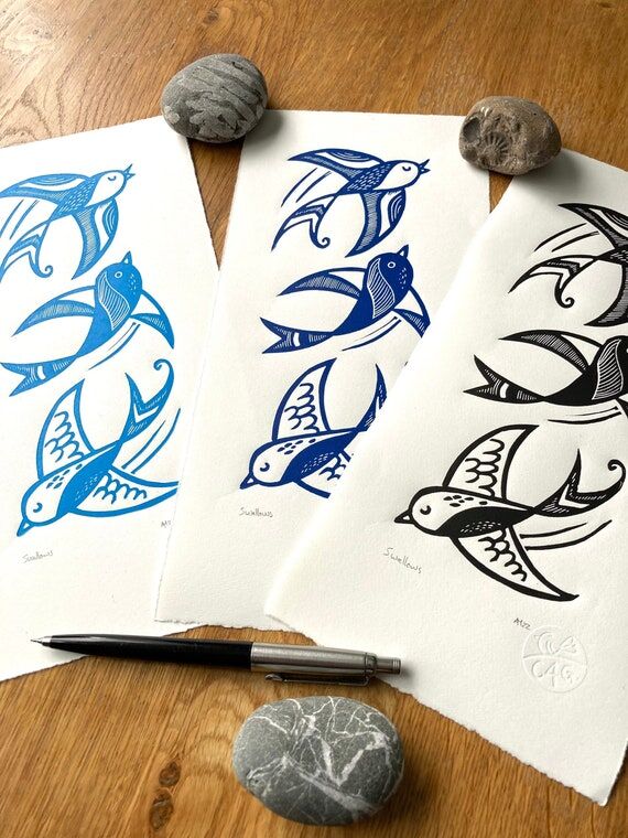 Swallows Linocut Print: Three Birds in Flight...