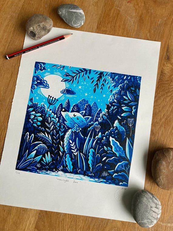 Moonlight fox Linocut Print: Handmade Limited...