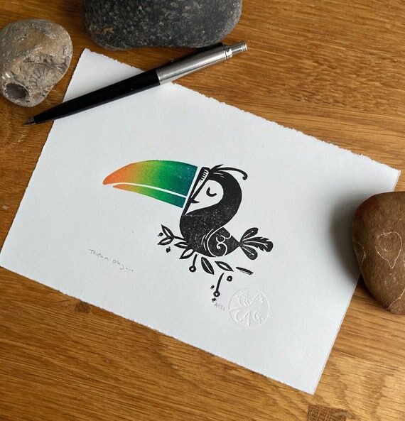 Toucan Linocut Print: Colorful Bird Art, Hand...