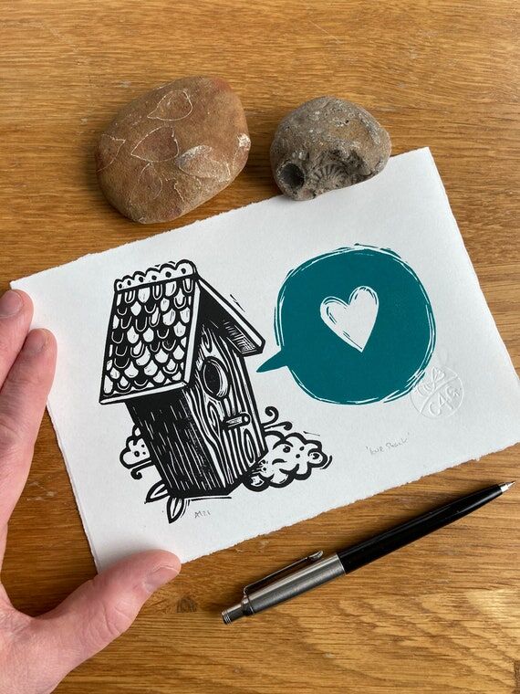 Love Shack Linocut Print: Birdbox & Heart, Ha...