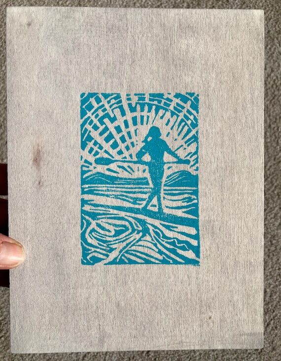 Paddle Board Art: Original Block Print on Woo...