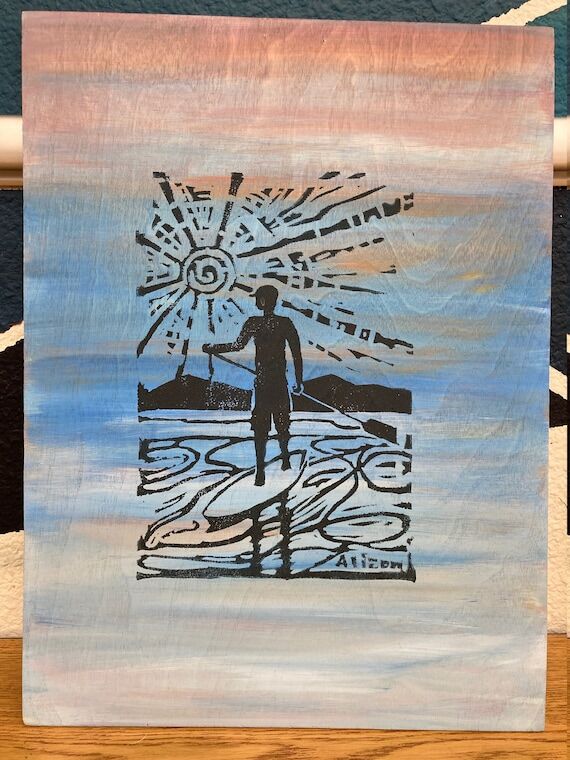 Paddle Board Block Print: Rustic Coastal Lake...