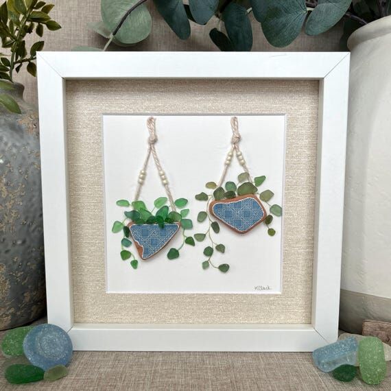 Sky Blue Hanging Plants | Framed Sea Glass an...