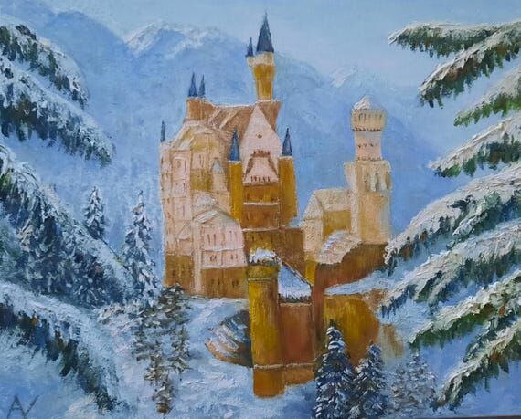 Neuschwanstein Castle Winter Original Oil Pai...