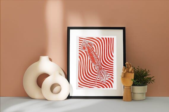 SQUID | Red | A5 | Original Linocut Print | H...