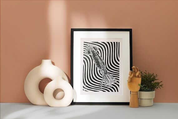 SQUID | Black | A5 | Original Linocut Print |...