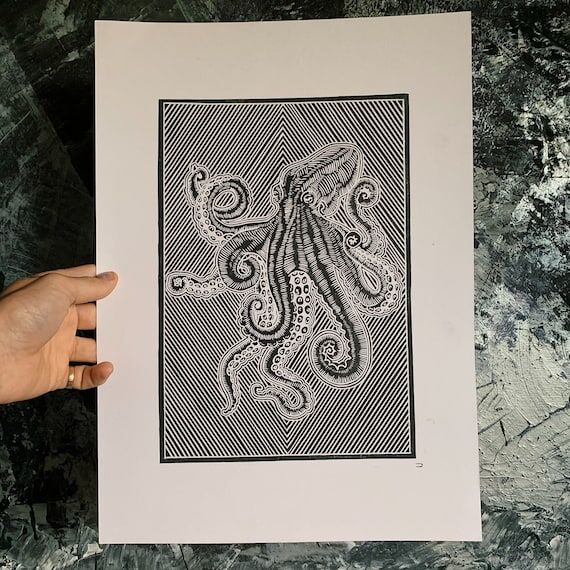 OCTOPUS | Black | A3 | Original Linocut Print...