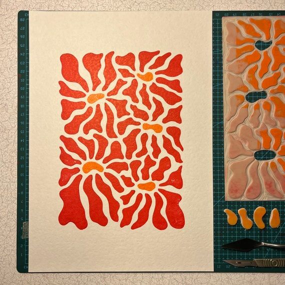 FLEURI | Red | A4 | Original Linocut Print | ...