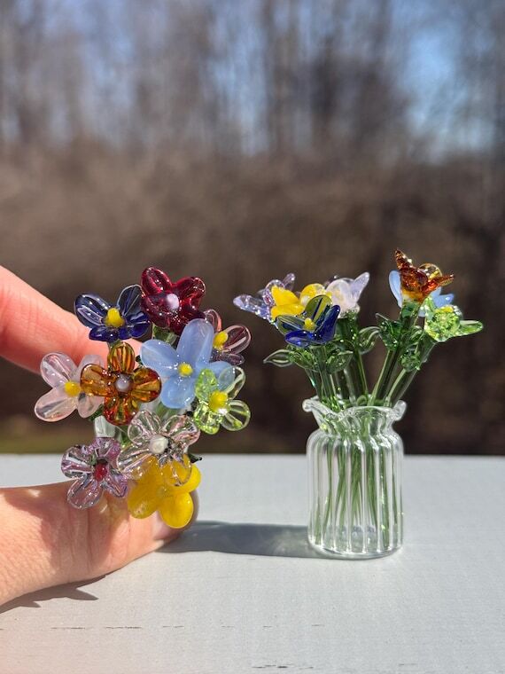Glass Flower Bouquet - Mini Flower Figurine, ...