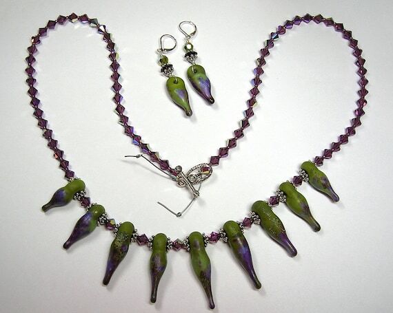 Purple and Green Drops Handmade Lampwork Art ...