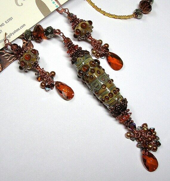 aNTiQueD aMBeR JeWeLS Handmade Lampwork Art G...
