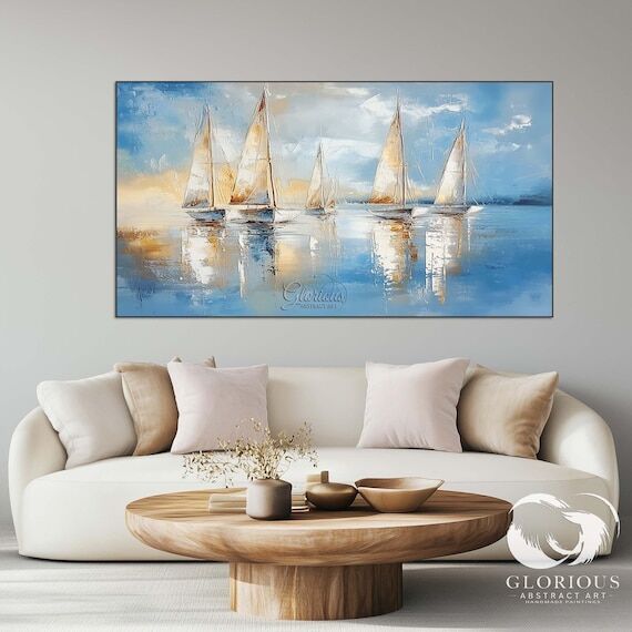Large Abstract Sailboat Painting, Modern Coas...