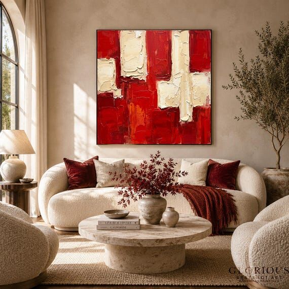 Red and Cream Abstract Painting, Bold Texture...