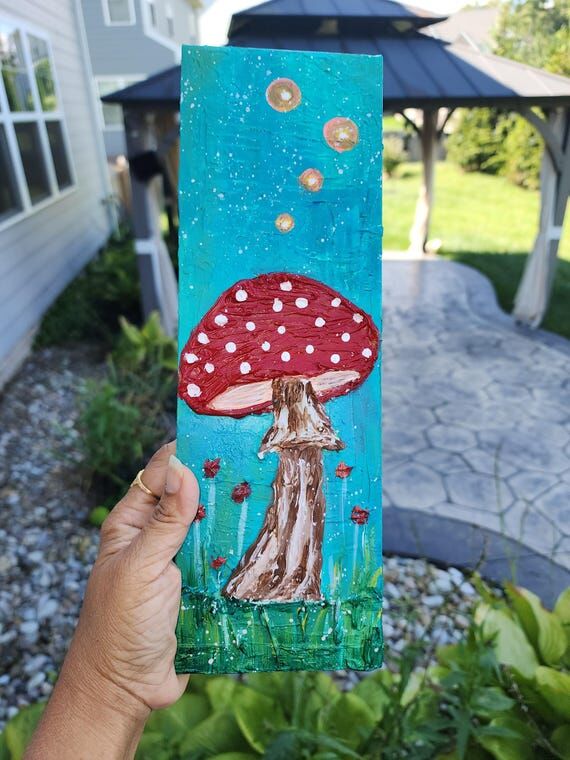 Red Mushroom whimsical art: Heavy textured p...