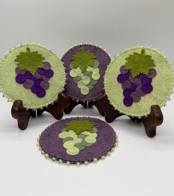Handmade Felt Grape Coasters Set – Beaded E...