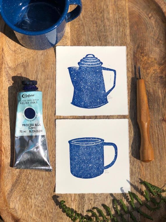 Vintage Camping Mug and Coffee Pot, Blue Spec...