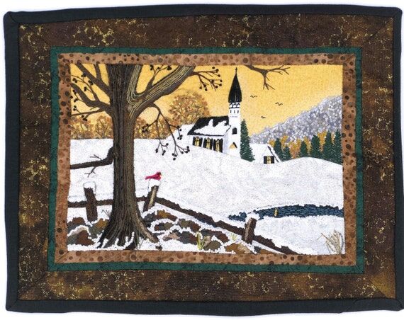 Small Art Quilt: Handmade Winter Church Scene...