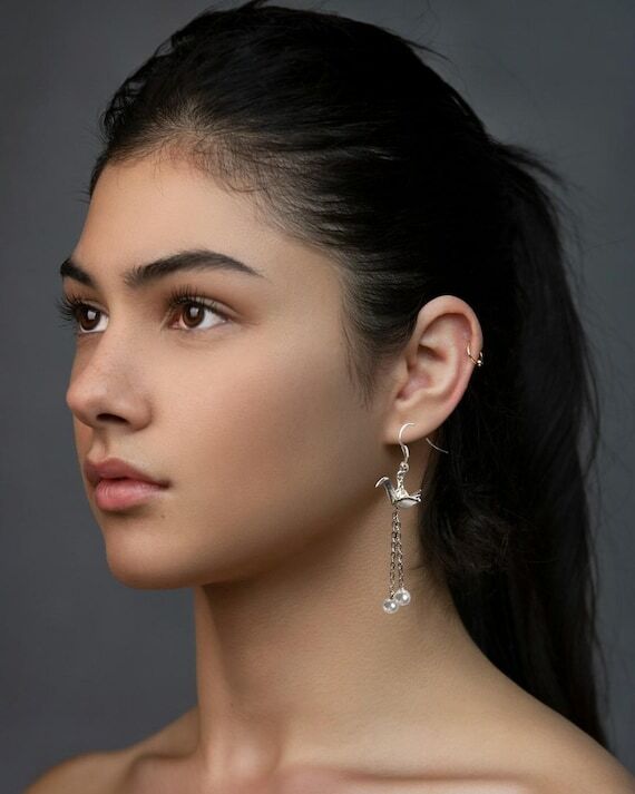 Handmade Origami Crane Bird Dangle Earrings w...
