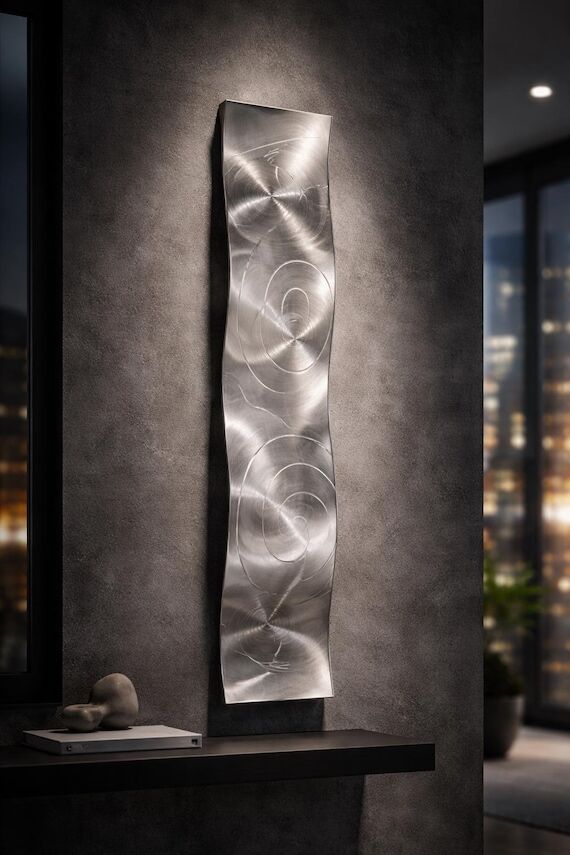 Silver Metal Wave Wall Sculpture, Hand-Textur...