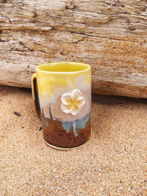 Plumeria flower Ceramic mug,yellow,tan and br...