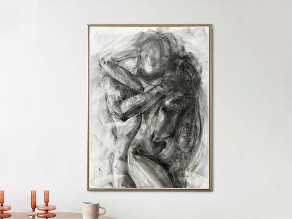 Large Abstract Charcoal Drawing: Sensual Coup...