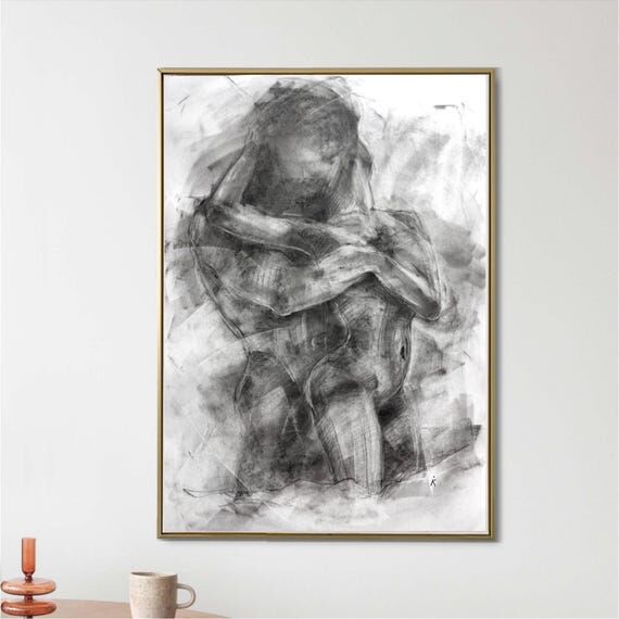 Charcoal Drawing of Embracing Couple, Sensual...