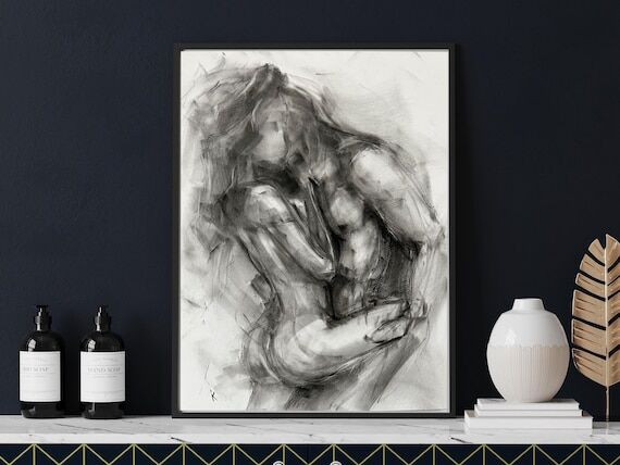 Minimalist Charcoal Drawing - Abstract Embrac...