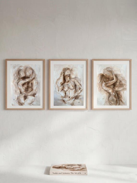 Bedroom Wall Art Set of 3 Oil Painting, Neutr...