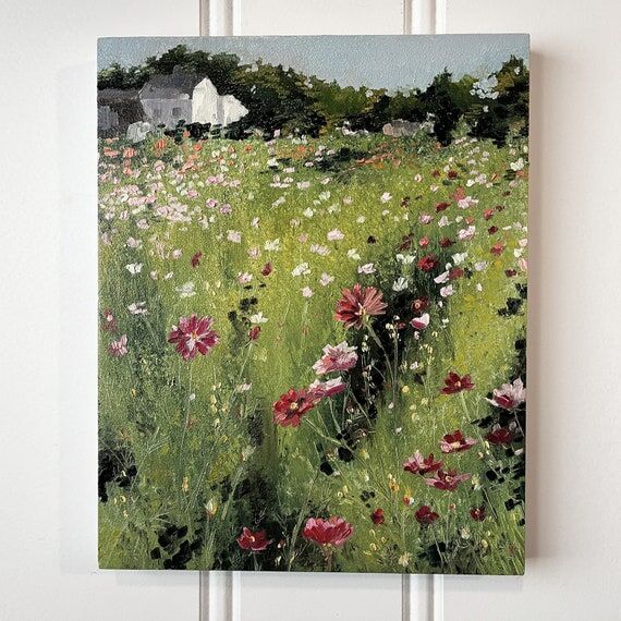 Original Flower Field Oil Painting on Wood Pa...