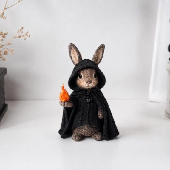 Halloween Needle Felted Rabbit Figurine, Goth...