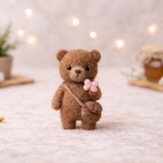 Needle Felt Bear Figurine, Mini Wool Teddy Gi...