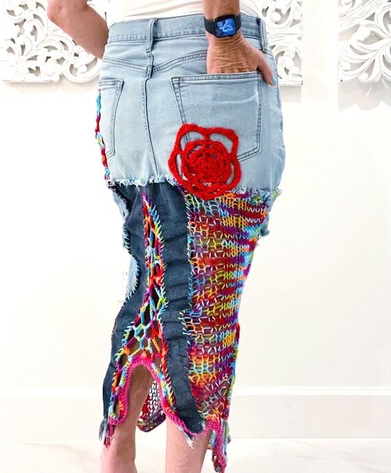 Upcycled Denim Maxi Skirt: Handmade Crochet K...