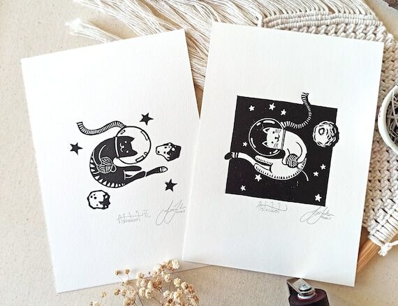Linocut Print Set: Astronaut Cat Art, Nursery...
