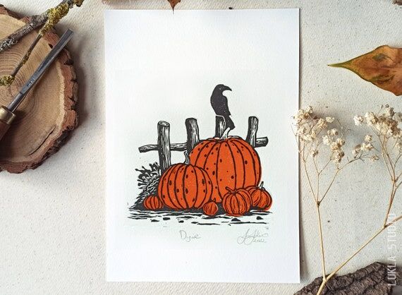Handmade Pumpkin Linocut Print: Autumn Wall A...