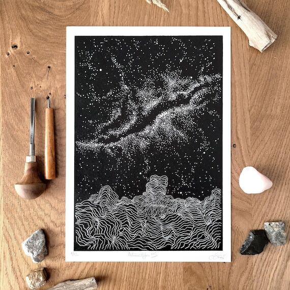 Cosmic landscape linocut print - dark sky wal...