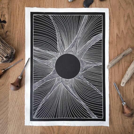 Total Eclipse Linocut Print: Handmade Astrono...