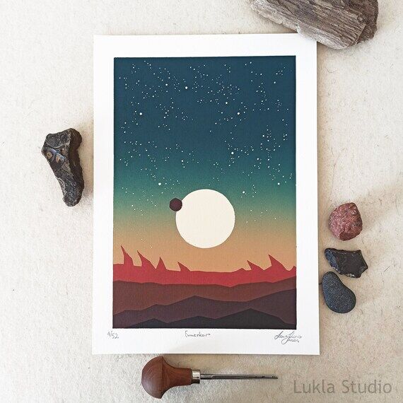 Cosmic Linocut Print: Handmade Sci-Fi Art, St...