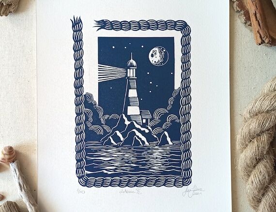 Original linocut print, lighthouse blue art, ...