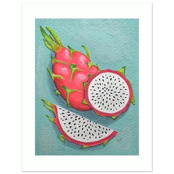 Vibrant Dragon Fruit Still Life Gouache Art P...
