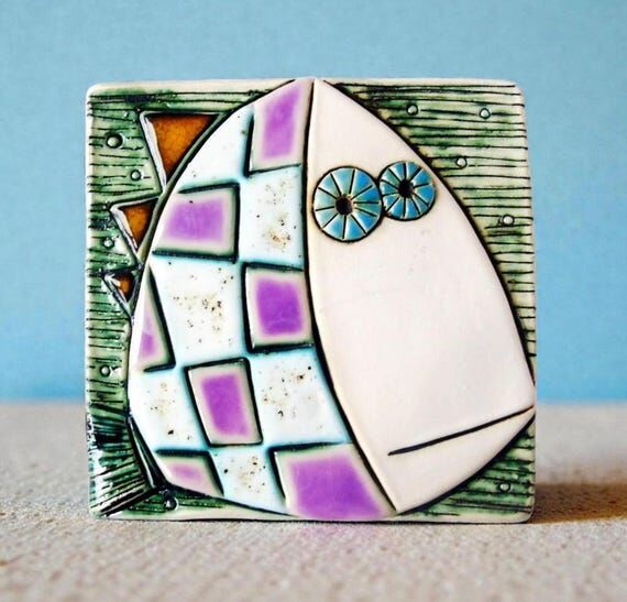 Whimsical Fish Ceramic Tile | Modern Handmade...