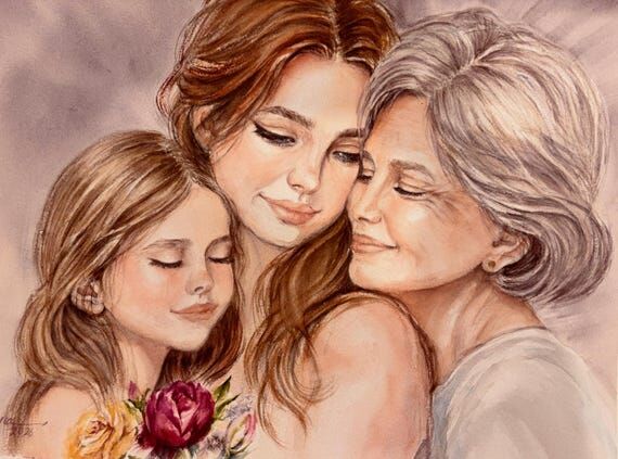 Original Watercolor Family Portrait – Mothe...