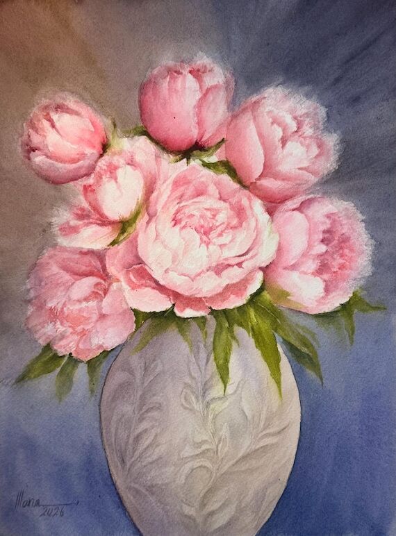 Pink Peony Watercolor Painting Original Art, ...