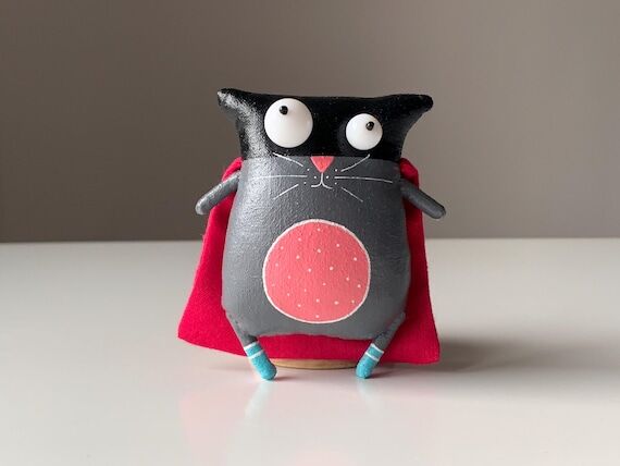 Hand Painted Superhero Cat Figurine, Whimsica...