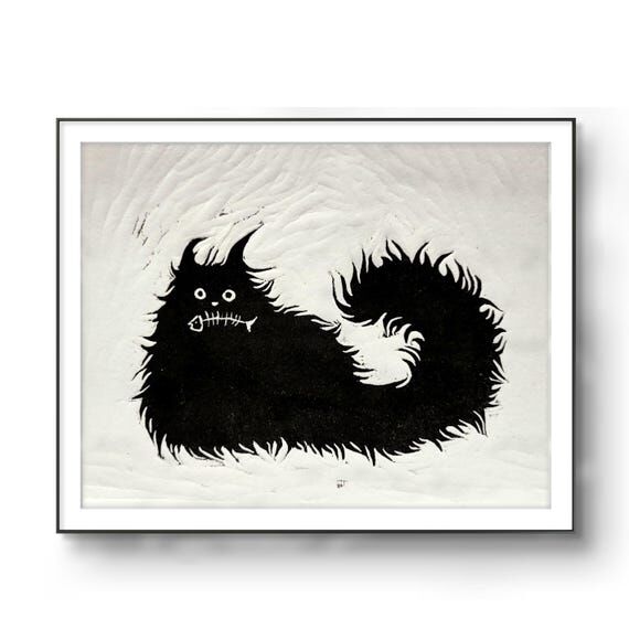 Original Handmade Linocut Cat Print, Graphic ...