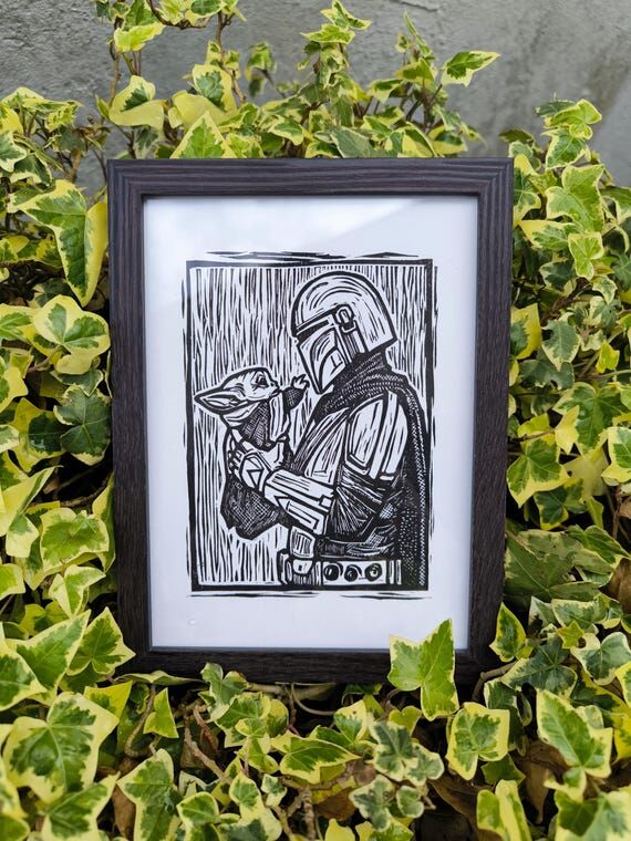Mandalorian & Grogu Linocut Print - Original ...