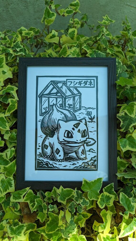 Bulbasaur Linocut Print - Handmade Japanese S...