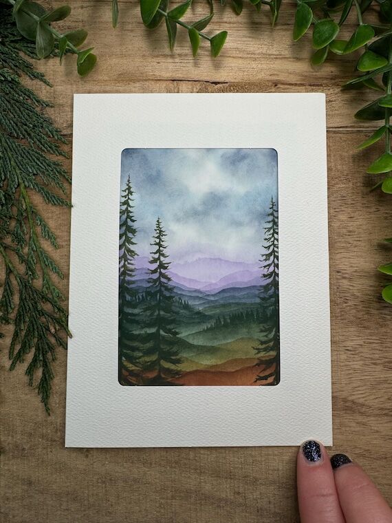 Mountain layers and trees art card, unique gi...