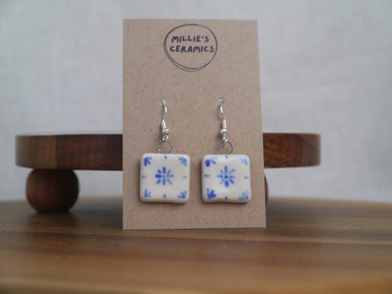Ceramic Tile Earrings: Mediterranean Blue & W...