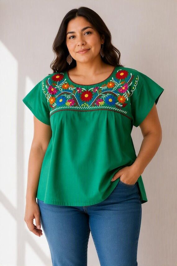 Mexican Embroidered Blouse Green, Plus Size C...